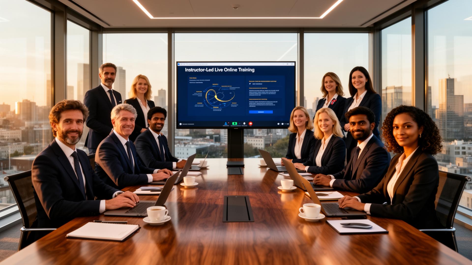 International Learners Ink corporate cohort International cohort of European, American, Indian, Australian and African working professionals in corporate attire collaborating around a boardroom table